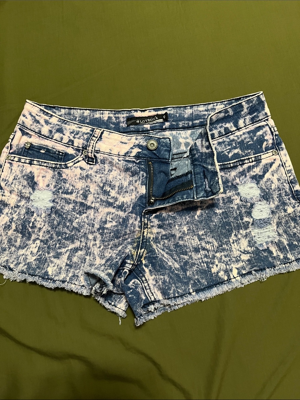 Lovesick Blue Acid Wash Distressed Jean Shorts